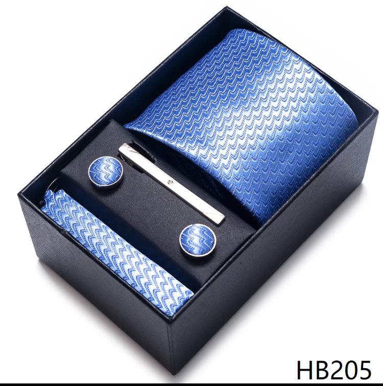 Hot Sale 8 cm Wide Tie Sets Blue Solid Men's Neck Tie Handkerchief Cufflinks Clip Box Wedding Gift Silk Handmade
