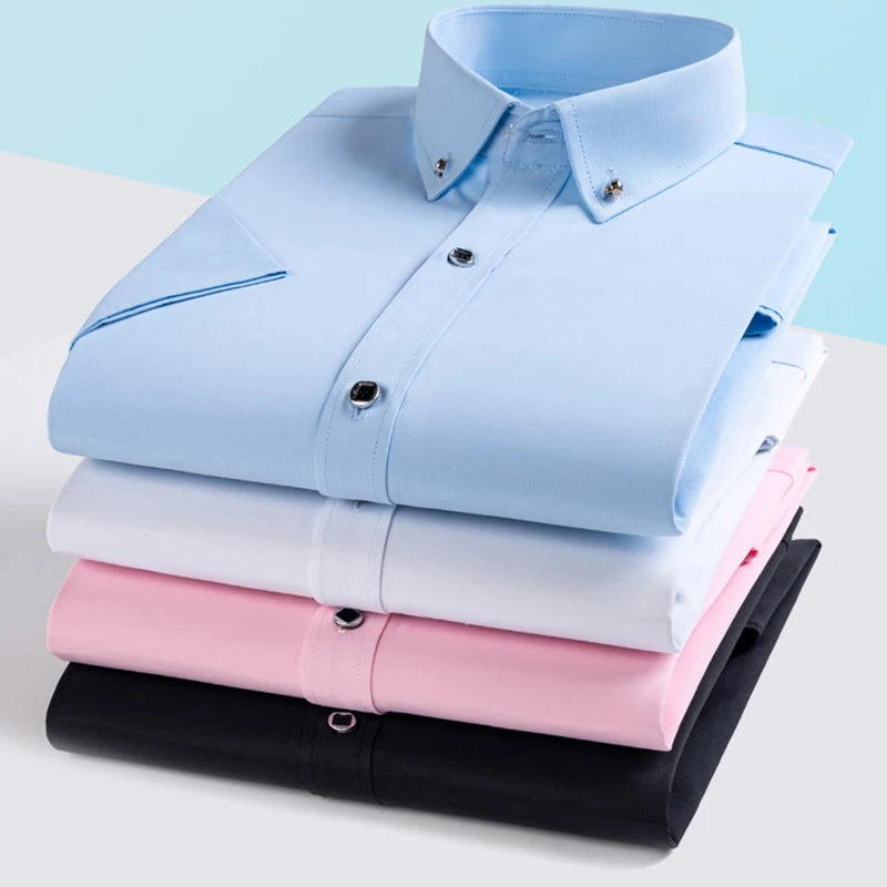 Hot Sale Men's Dress Shirt Formal Thin Business Classic Basic Diamond Button Social White Shirt Short Sleeve Men Clothing