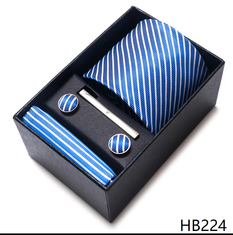 Hot Sale 8 cm Wide Tie Sets Blue Solid Men's Neck Tie Handkerchief Cufflinks Clip Box Wedding Gift Silk Handmade