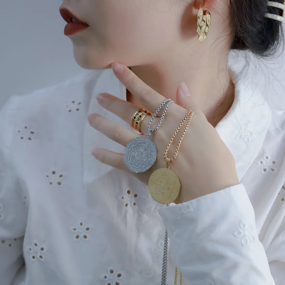 قلادات قلادة ختم الملائكة السبعة للرجال، تميمة حماية روحية من ختم سليمان، مجوهرات من الفولاذ المقاوم للصدأ