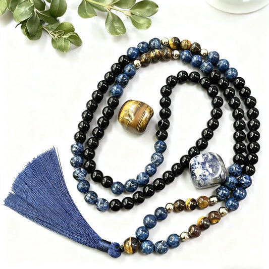 8mm Tiger Eye Stone Black Onyx 108 Mala Beads Necklace Meditation Prayer Rosary for Men and Women