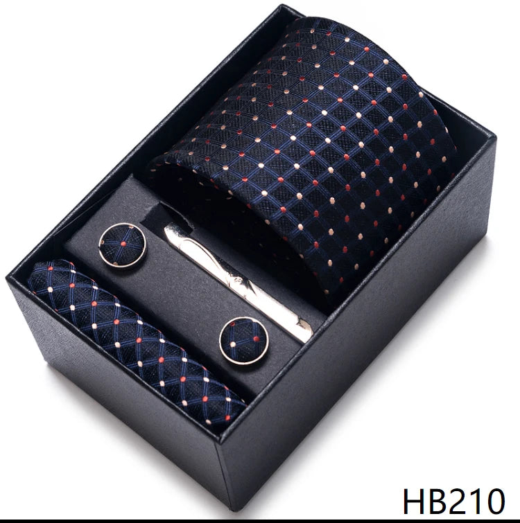 Hot Sale 8 cm Wide Tie Sets Blue Solid Men's Neck Tie Handkerchief Cufflinks Clip Box Wedding Gift Silk Handmade