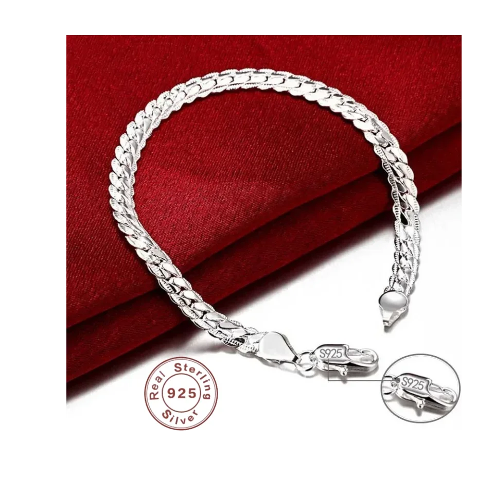 925 Sterling Silver Bracelet 6mm 18cm Flat Side Chain Lobster Clasp For Woman Man Wedding Engagement Jewelry Silver Bracelet
