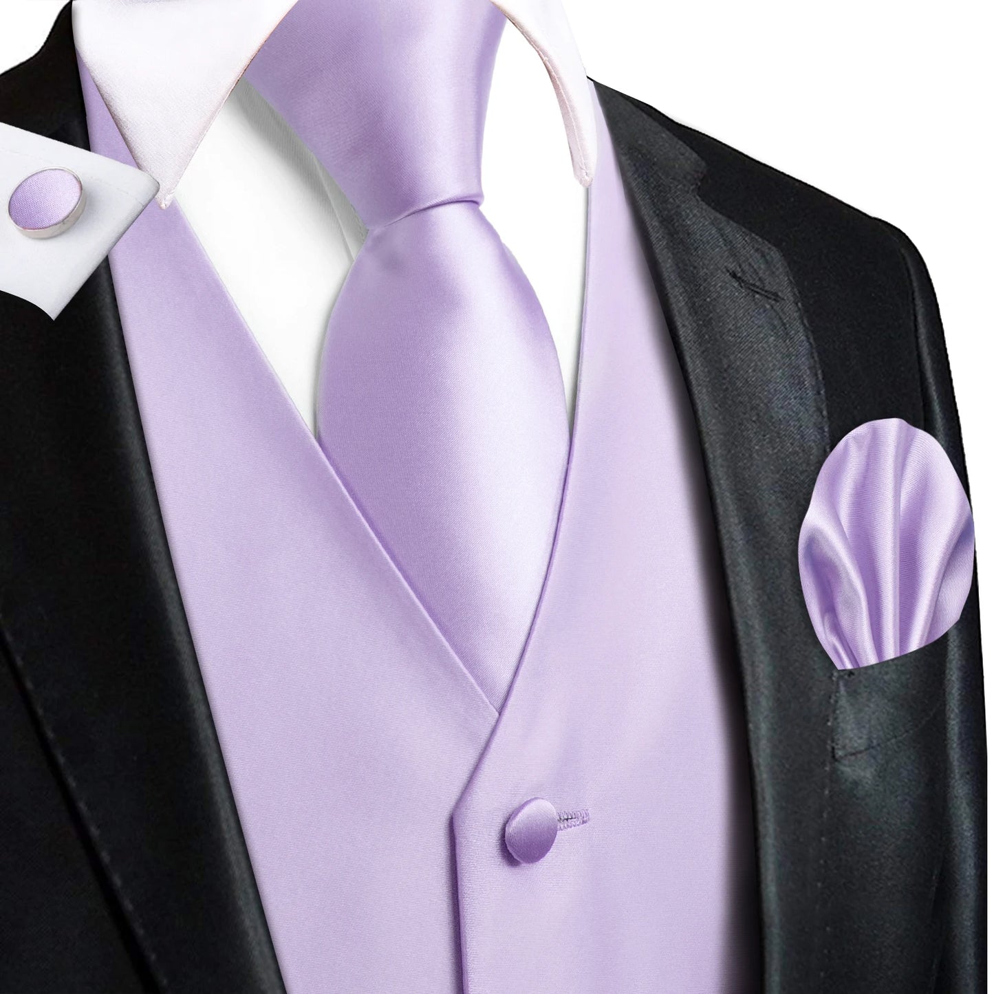 Hi-Tie Solid Voilet Lilac Silk Mens Suit Vest 4PC Woven Waistcoat Tie Pocket Square Cufflink Business Wedding Dress Waist Jacket