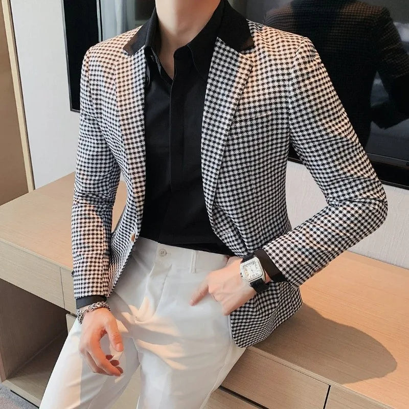 Men’s Plaid Blazer – Korean Style Loose Fit Suit Jacket for Business