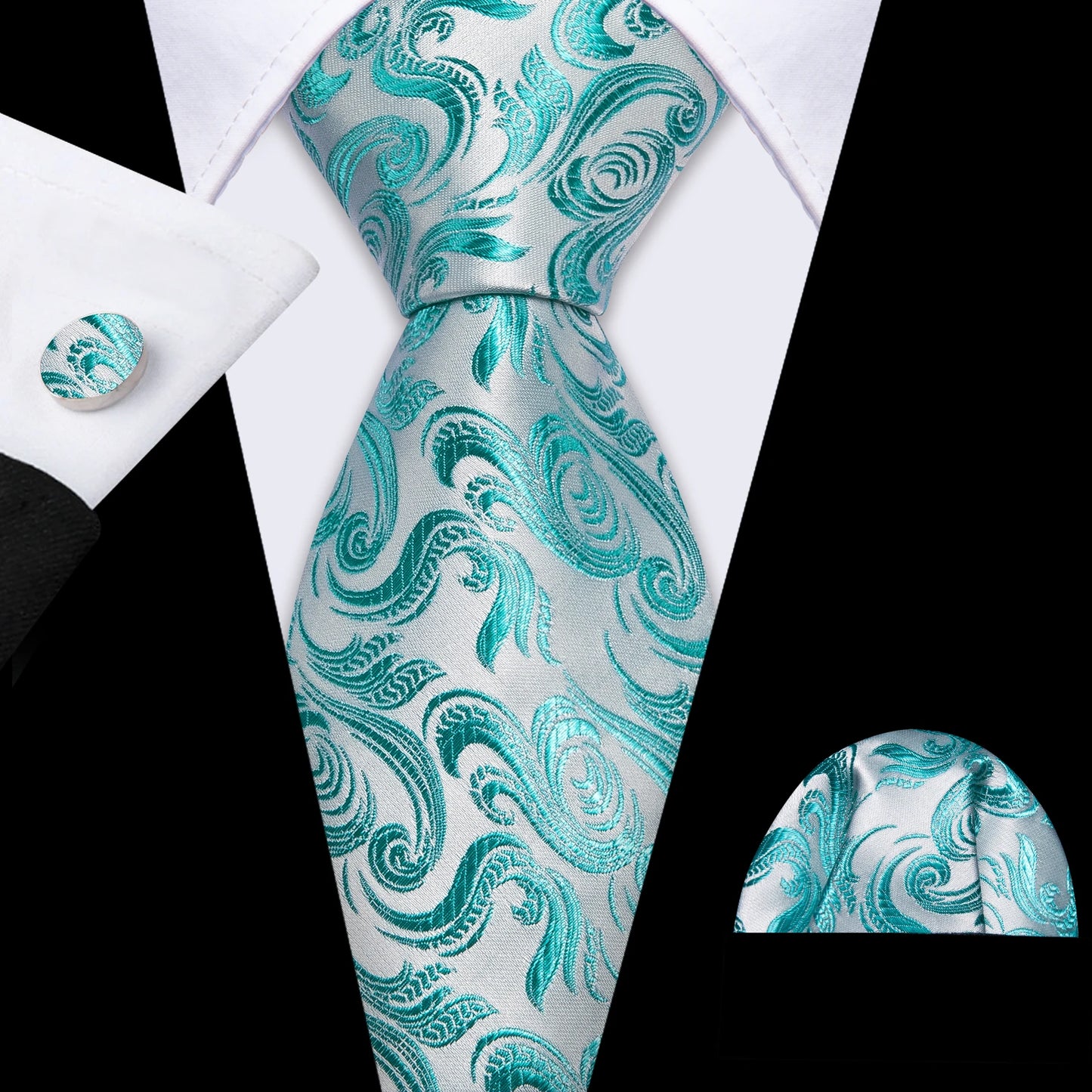 Fashion Silk Men Tie Green Teal Blue Solid Paisley Striped Plaid Floral Animal Necktie Handkerchief Cufflinks Set Barry. Wang