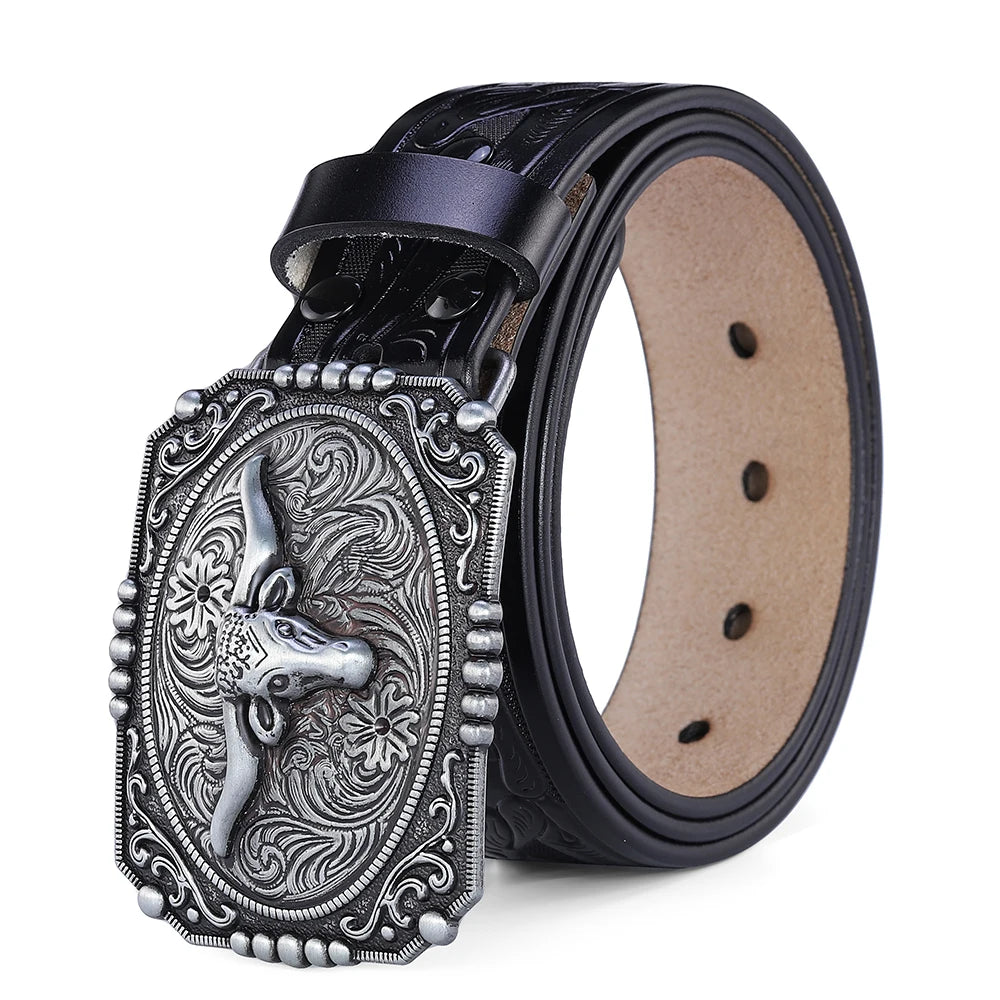 Big Bull Buckle Western Belt for Men High Quality Cowboy Faux Leather Waist Male Belts Floral Engraved Jeans Street Punk 3.8cm