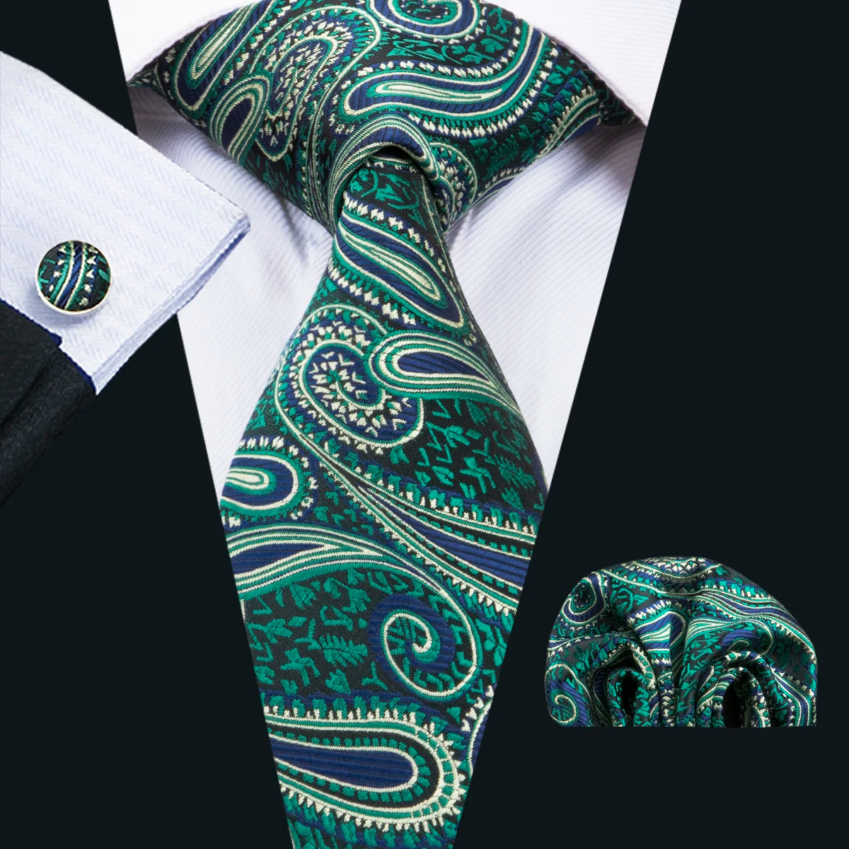 Fashion Silk Men Tie Green Teal Blue Solid Paisley Striped Plaid Floral Animal Necktie Handkerchief Cufflinks Set Barry. Wang
