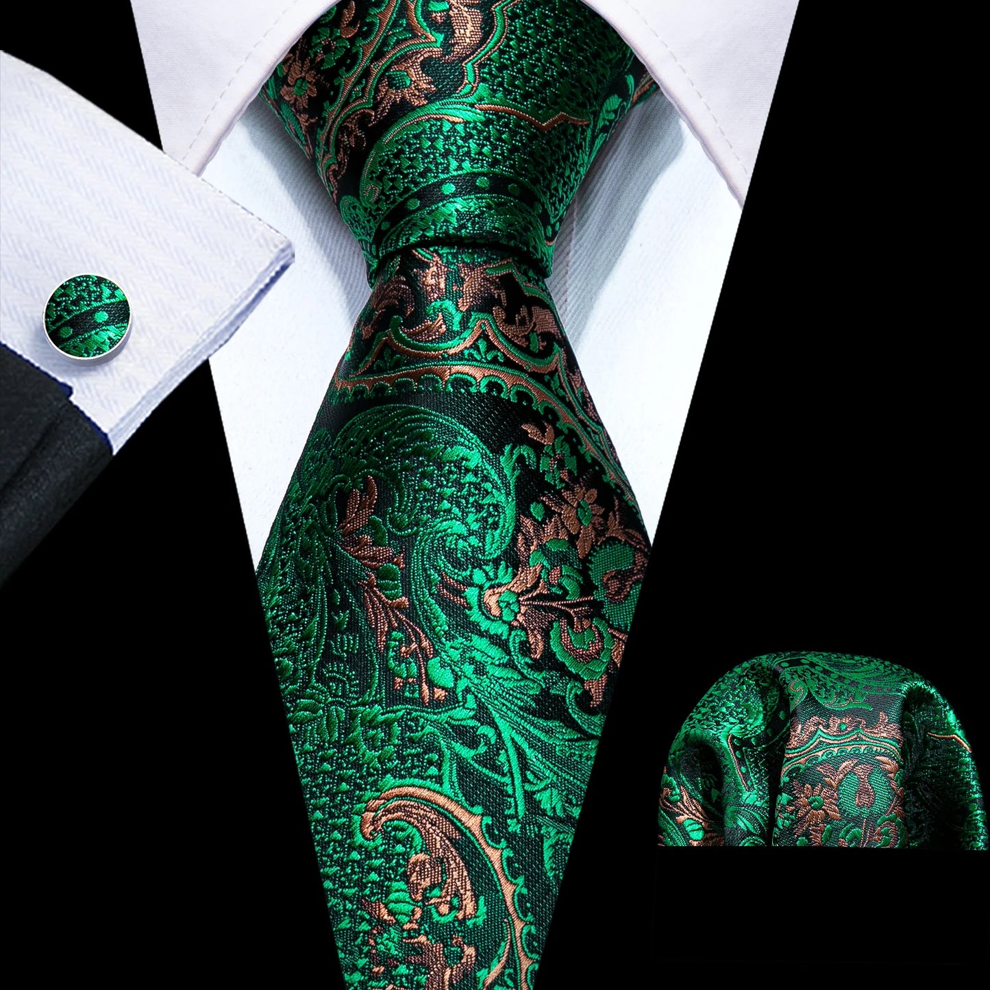 Fashion Silk Men Tie Green Teal Blue Solid Paisley Striped Plaid Floral Animal Necktie Handkerchief Cufflinks Set Barry. Wang