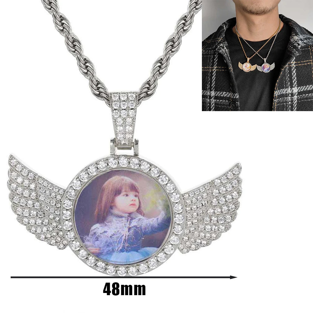 Custom Angel Wing Round Memory Photo Necklace Men Women Personalized Jewelry Customized Picture Pendant Charm with Tennis Chain