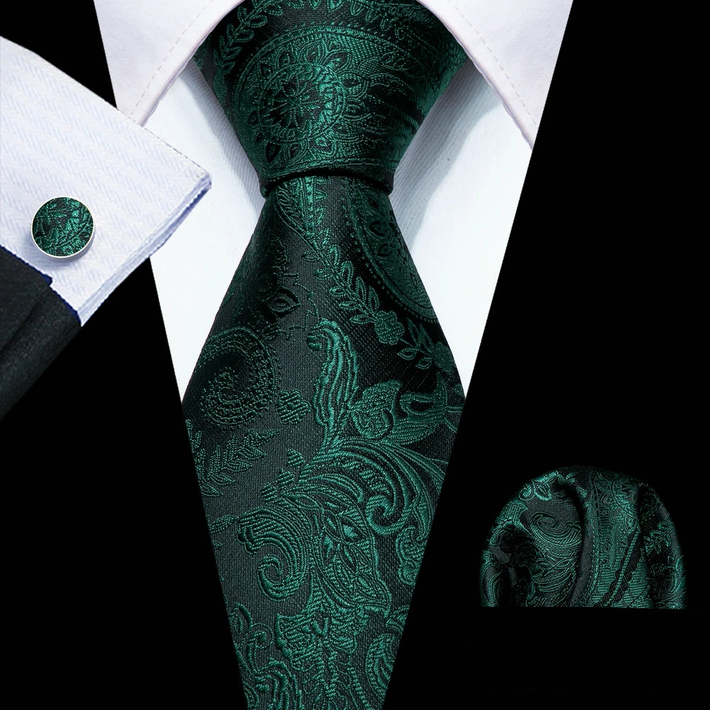 Fashion Silk Men Tie Green Teal Blue Solid Paisley Striped Plaid Floral Animal Necktie Handkerchief Cufflinks Set Barry. Wang