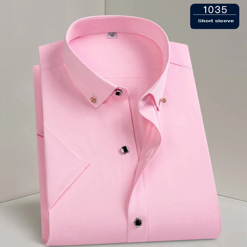 Hot Sale Men's Dress Shirt Formal Thin Business Classic Basic Diamond Button Social White Shirt Short Sleeve Men Clothing