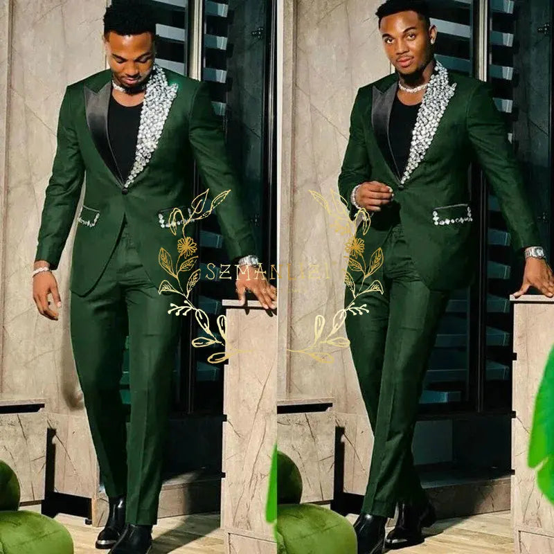 Black Suits for Men Slim Fit Single Breasted Peak Lapel Blazer High Quality Crystal Prom Party 2 Piece Jacket Pants Sets Terno