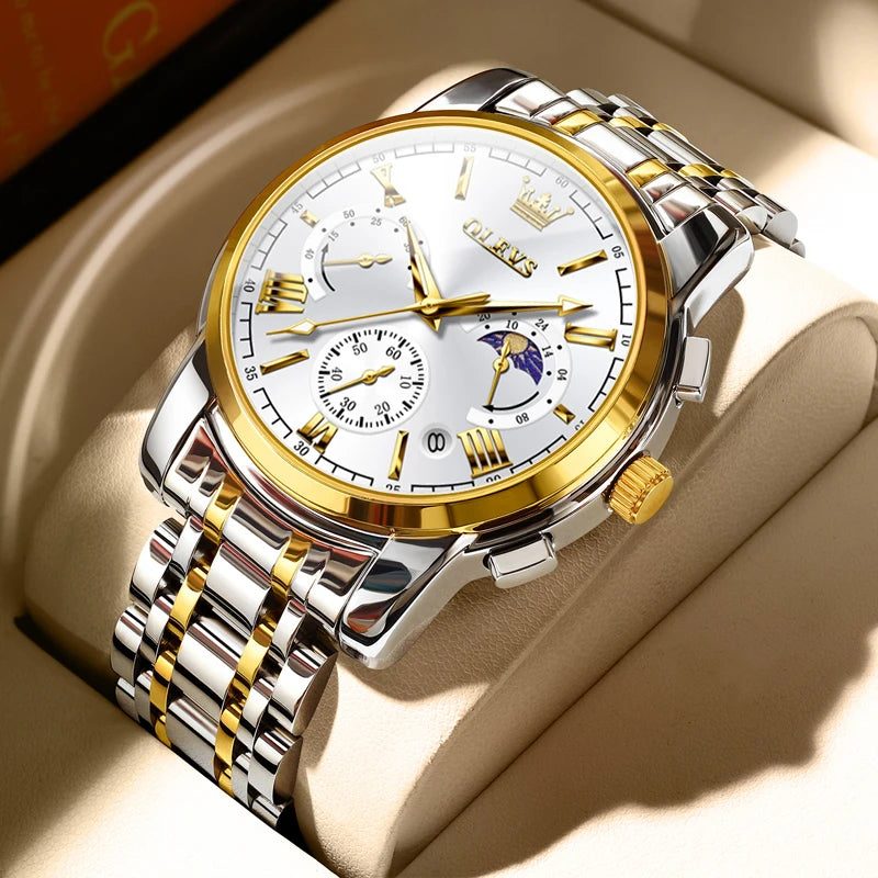OLEVS Men’s Watch – Moon Phase Chronograph Waterproof Quartz Business Watch