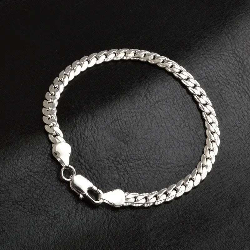925 Sterling Silver Bracelet 6mm 18cm Flat Side Chain Lobster Clasp For Woman Man Wedding Engagement Jewelry Silver Bracelet