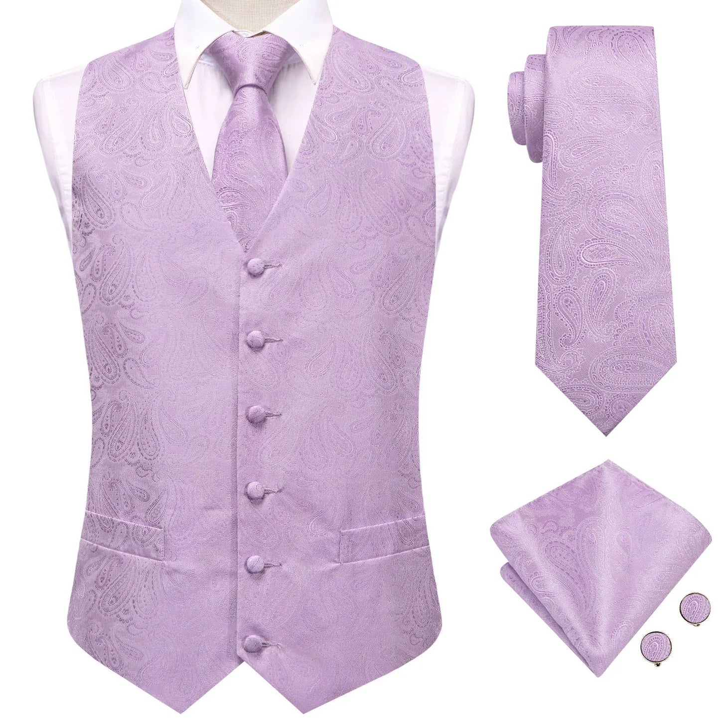Hi-Tie Solid Voilet Lilac Silk Mens Suit Vest 4PC Woven Waistcoat Tie Pocket Square Cufflink Business Wedding Dress Waist Jacket