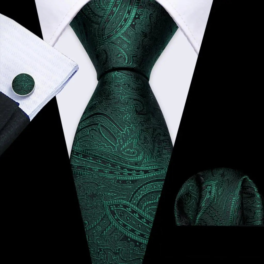 Fashion Silk Men Tie Green Teal Blue Solid Paisley Striped Plaid Floral Animal Necktie Handkerchief Cufflinks Set Barry. Wang