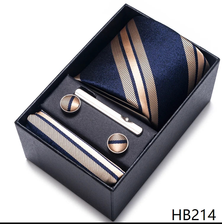 Hot Sale 8 cm Wide Tie Sets Blue Solid Men's Neck Tie Handkerchief Cufflinks Clip Box Wedding Gift Silk Handmade