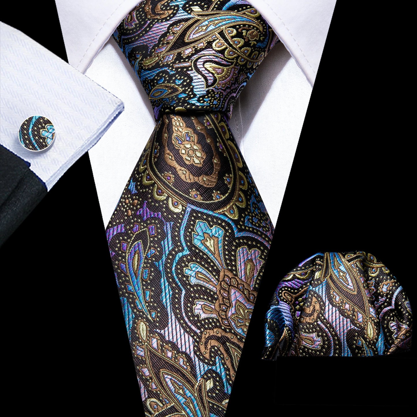 Fashion Silk Men Tie Green Teal Blue Solid Paisley Striped Plaid Floral Animal Necktie Handkerchief Cufflinks Set Barry. Wang