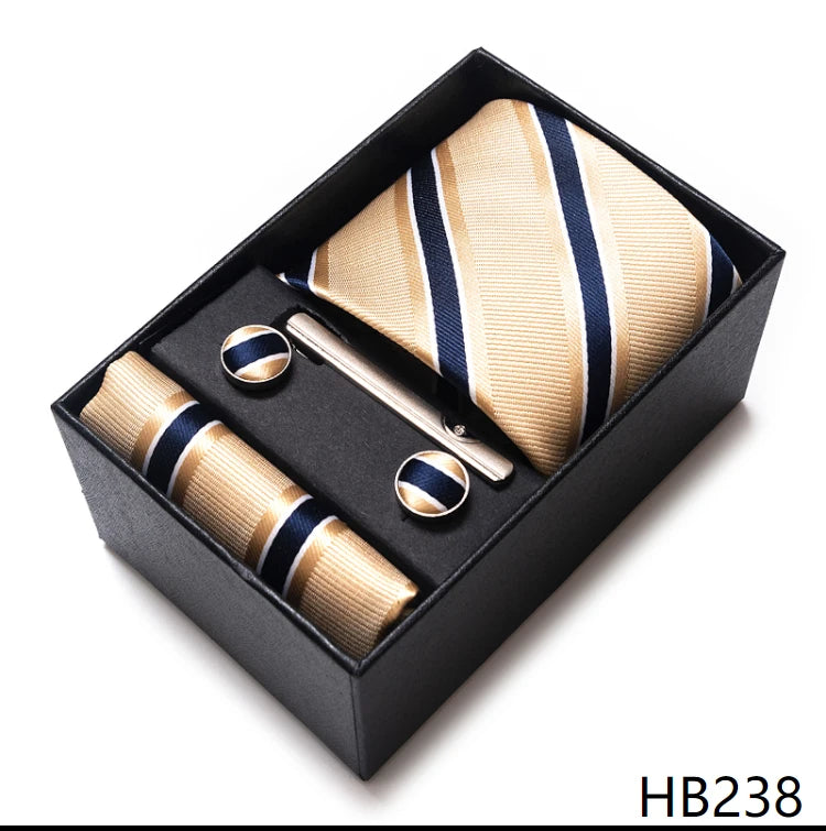 Hot Sale 8 cm Wide Tie Sets Blue Solid Men's Neck Tie Handkerchief Cufflinks Clip Box Wedding Gift Silk Handmade