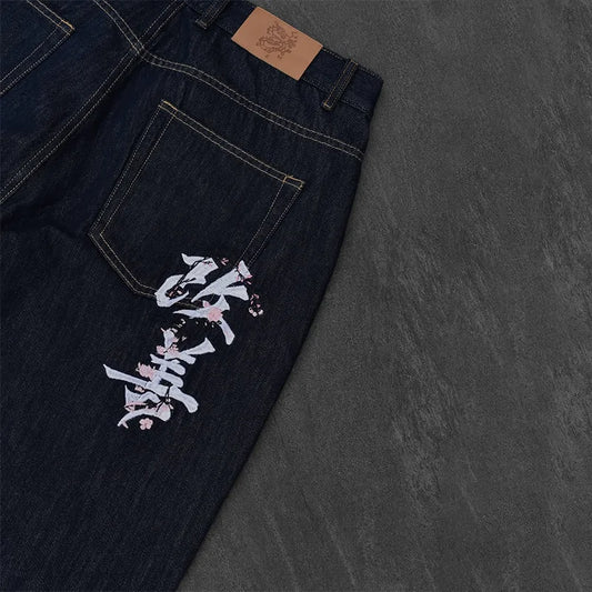 White Chinese Character Pattern Embroidery Pocket High Waist Loose Dark Straight Leg Jeans Y2K Men Women Retro Casual Streetwear