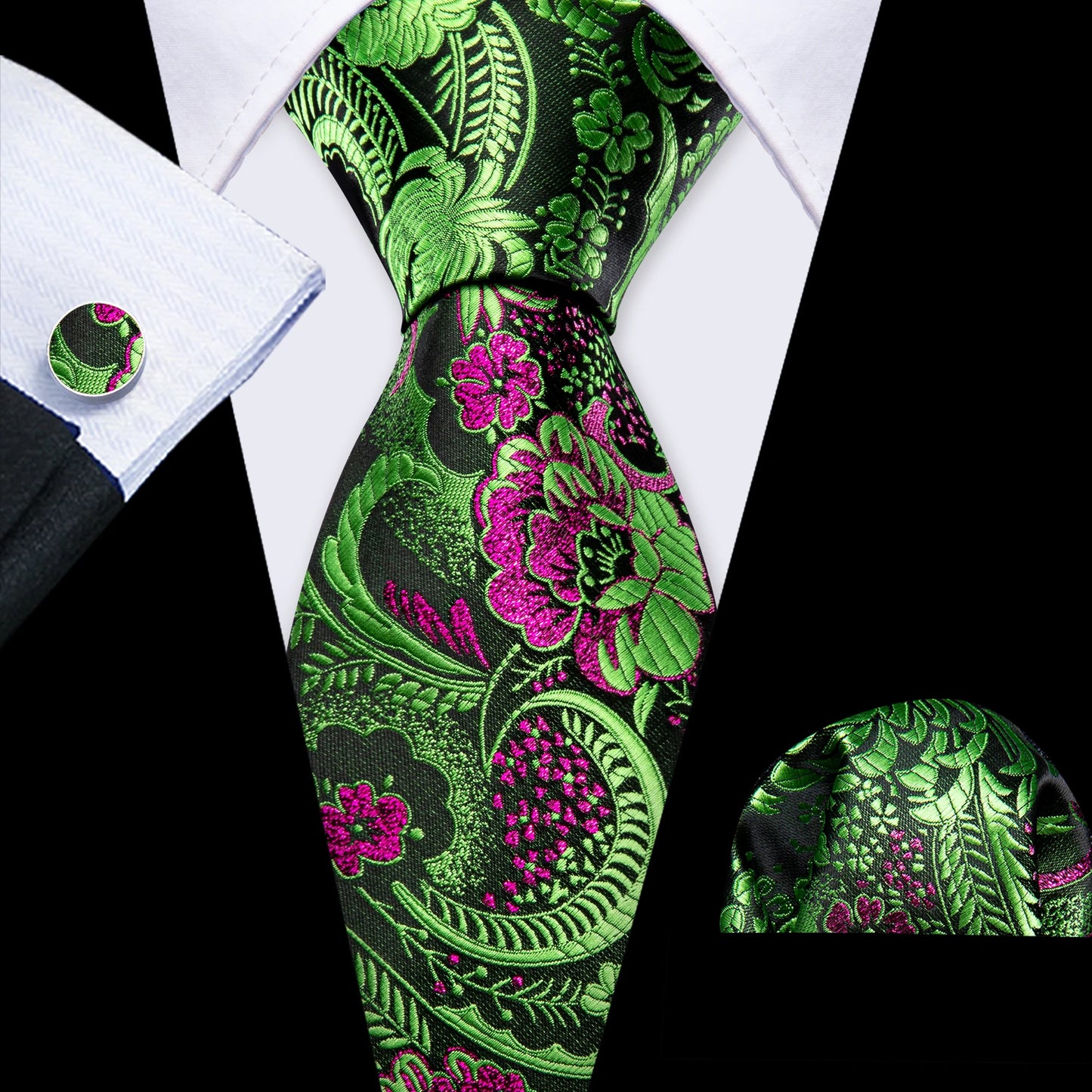 Fashion Silk Men Tie Green Teal Blue Solid Paisley Striped Plaid Floral Animal Necktie Handkerchief Cufflinks Set Barry. Wang