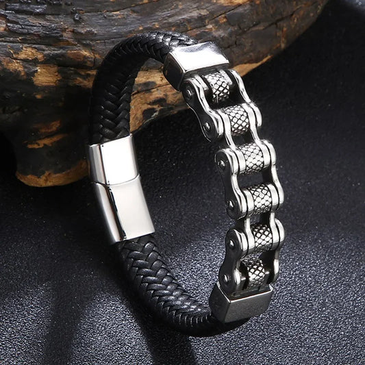 Classic Leather Bracelet Men Locomotive Chain Stainless Steel Punk Magnetic Clasp Bangles for Friend Gift Charm Jewelry SP1555