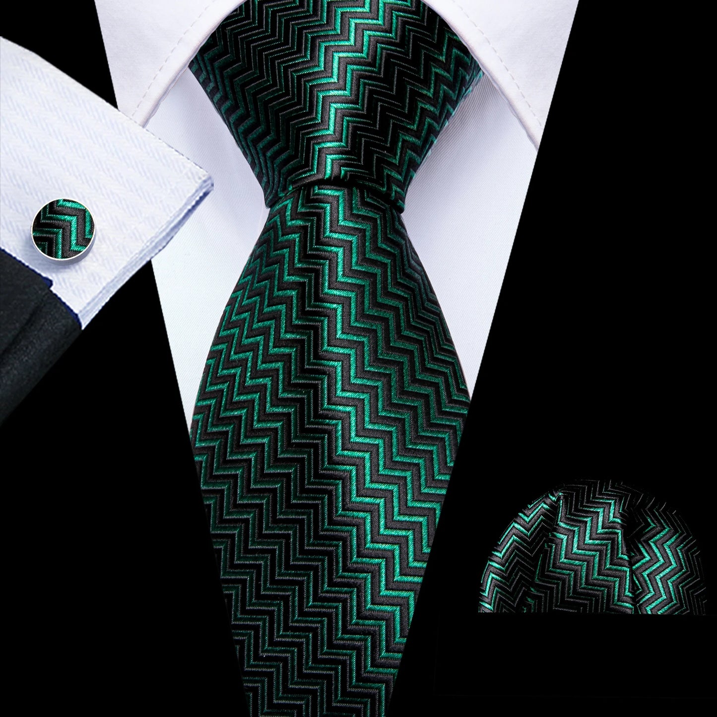 Fashion Silk Men Tie Green Teal Blue Solid Paisley Striped Plaid Floral Animal Necktie Handkerchief Cufflinks Set Barry. Wang