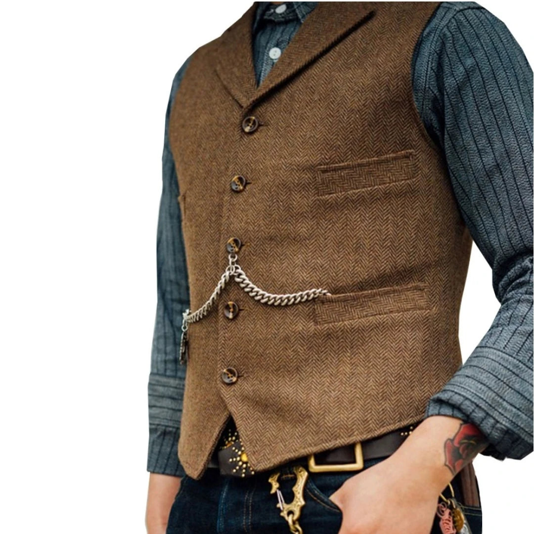 Business Waistcoat Jacket Casual Slim Fit Gilet Homme Vests for Groosmen Man Wedding Men's Suit Vest Brown Wedding Wool Tweed