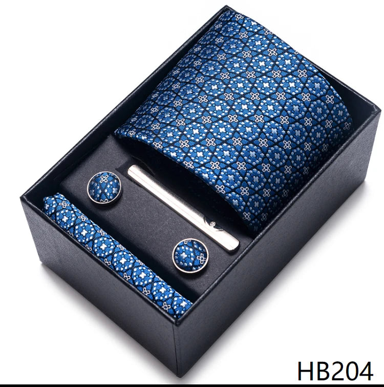 Hot Sale 8 cm Wide Tie Sets Blue Solid Men's Neck Tie Handkerchief Cufflinks Clip Box Wedding Gift Silk Handmade