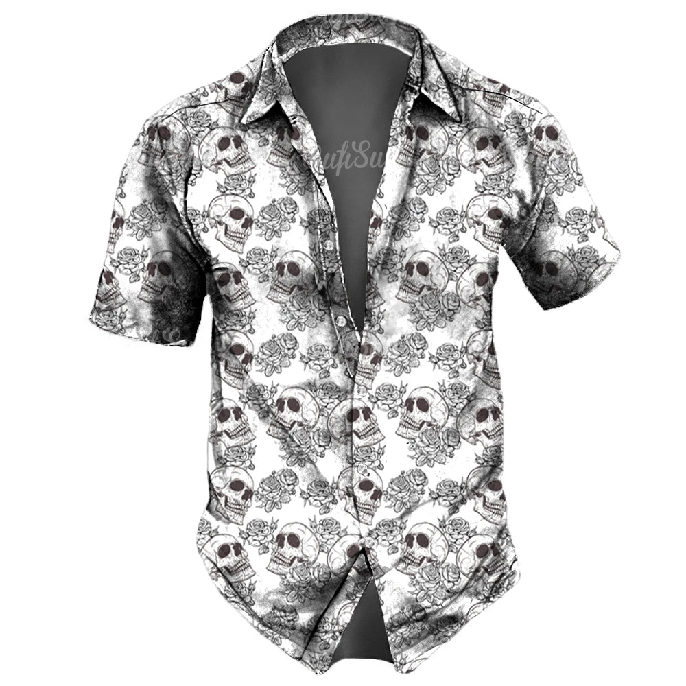 Men’s Skull Print Hawaiian Shirt – Vintage Streetwear Party Style, Summer Edition