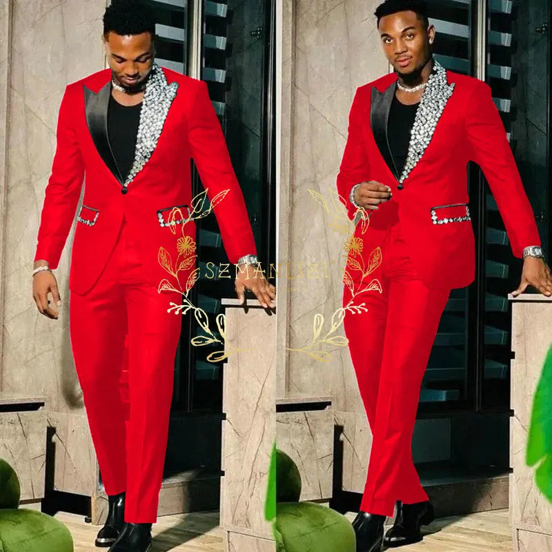 Black Suits for Men Slim Fit Single Breasted Peak Lapel Blazer High Quality Crystal Prom Party 2 Piece Jacket Pants Sets Terno