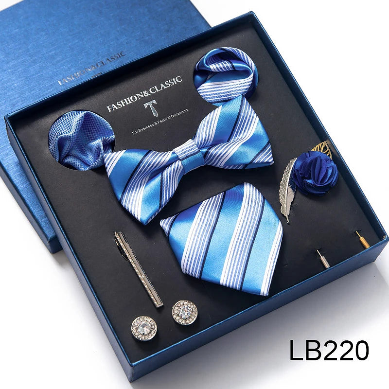 Top Grade Tie For Men Blue Paisley Tie Pocket Squares Cufflink Brooch Set Necktie Box Wedding Accessories Valentine's Day Gifts