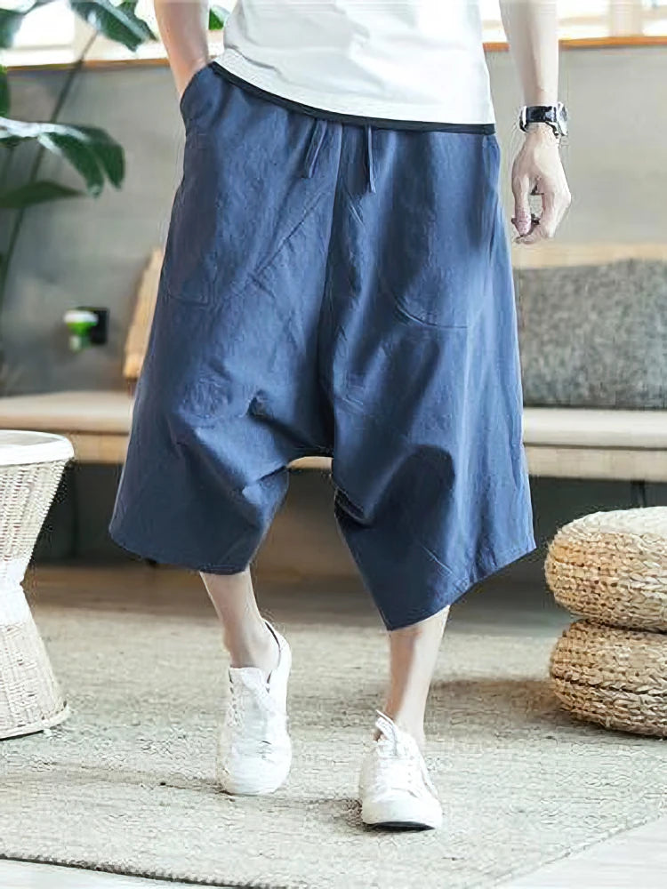 Summer Thin Beach Cotton Linen Casual Shorts Men Japenese Wide Leg Baggy Capris Pants Male Sport Running Shorts 2025 New