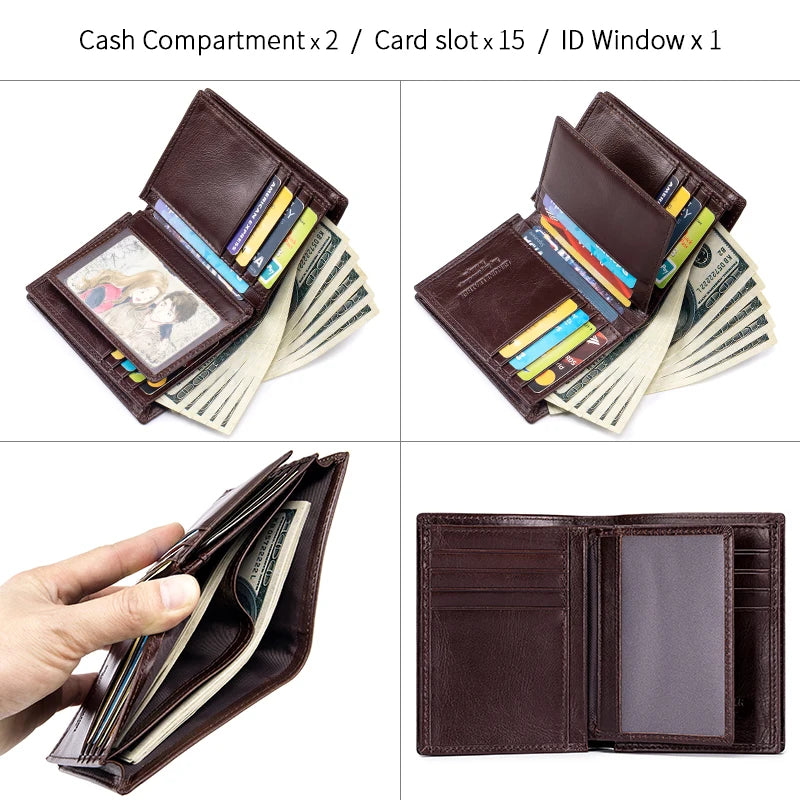 Men’s Leather Wallet – RFID Blocking Bifold with Large Capacity & ID Window – Casual Everyday Use
