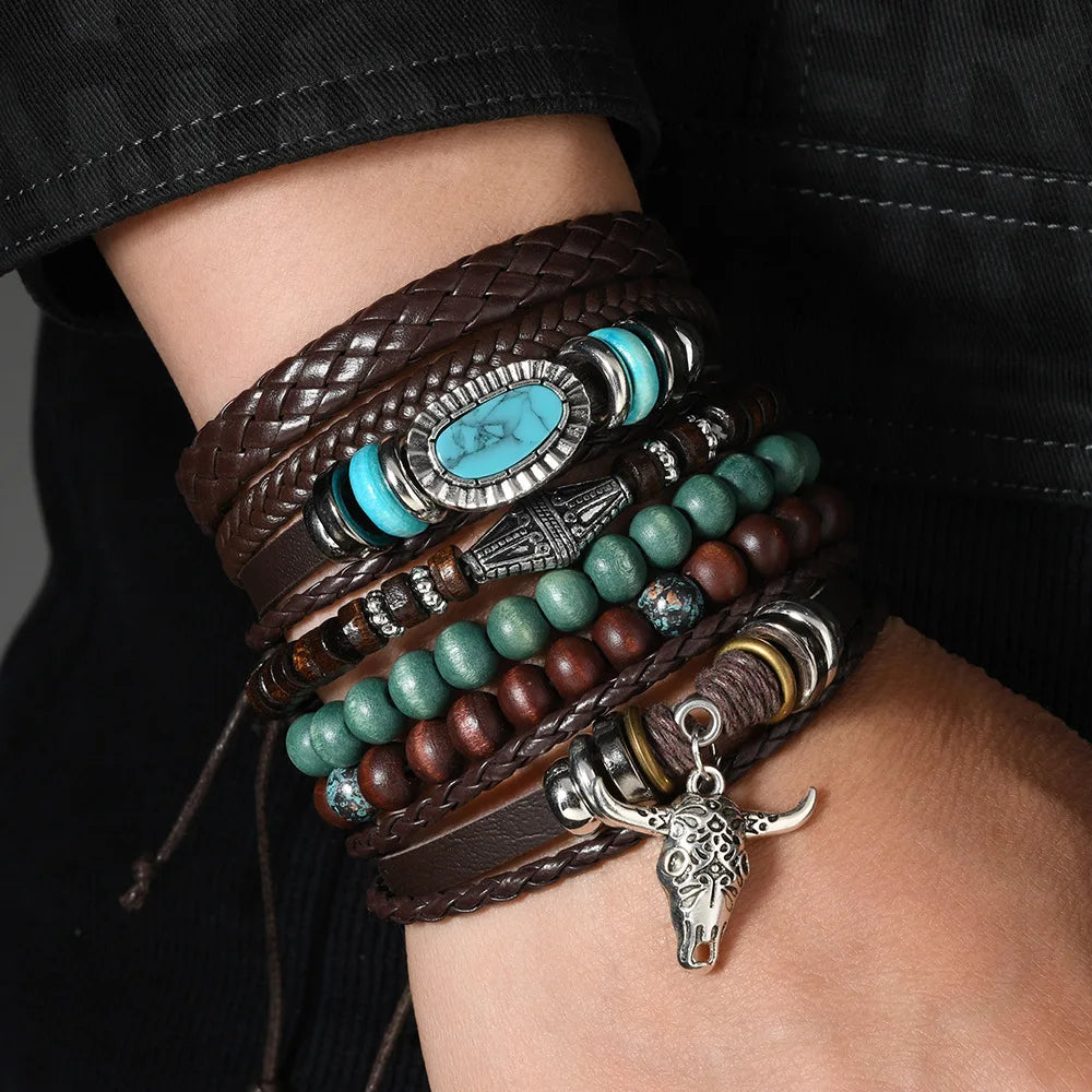 Vintage Feather Casual 6 Pc/set Tree Handmade Men Bracelets Male Women Leather Bracelets Men Bangle Wholesale Jewelry Gift