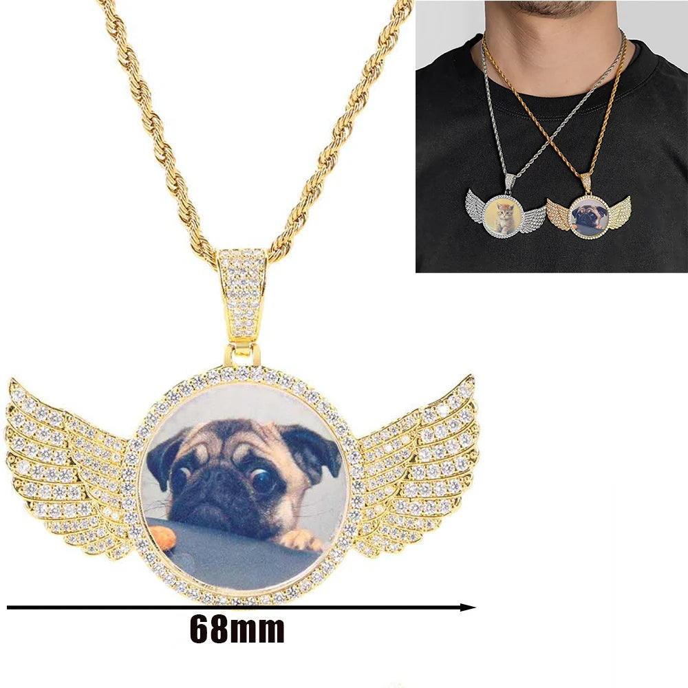Custom Angel Wing Round Memory Photo Necklace Men Women Personalized Jewelry Customized Picture Pendant Charm with Tennis Chain
