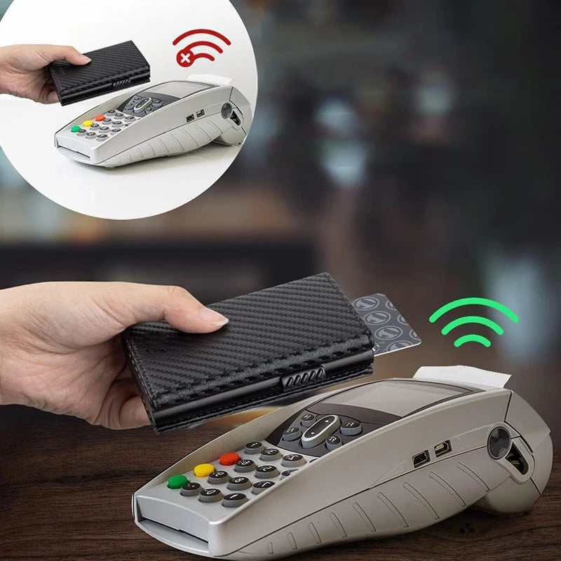 Men’s Carbon Fiber Wallet – RFID Blocking Aluminum Pop-Up Bifold with Coin Compartment – Slim Business Card Holder