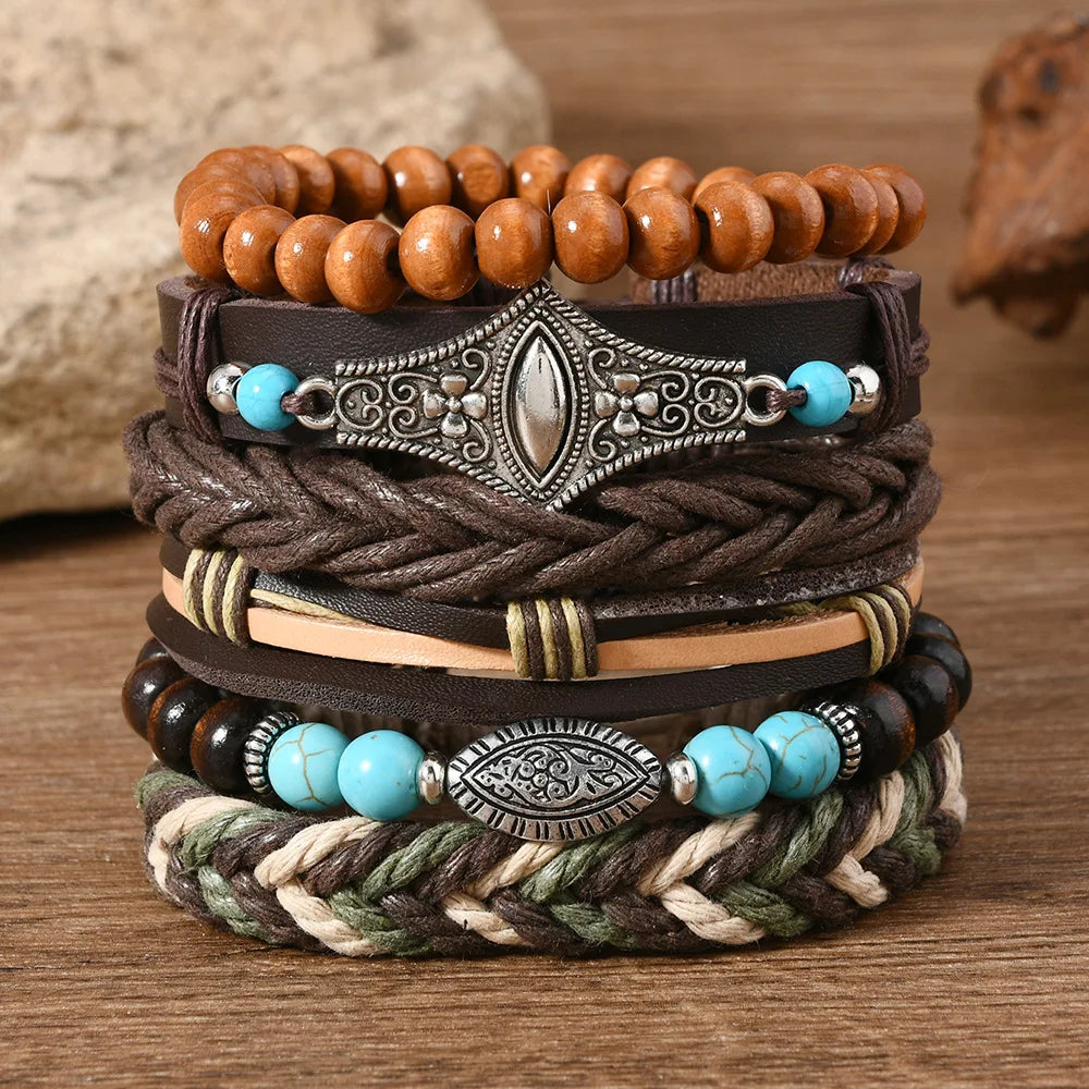 Vintage Feather Casual 6 Pc/set Tree Handmade Men Bracelets Male Women Leather Bracelets Men Bangle Wholesale Jewelry Gift