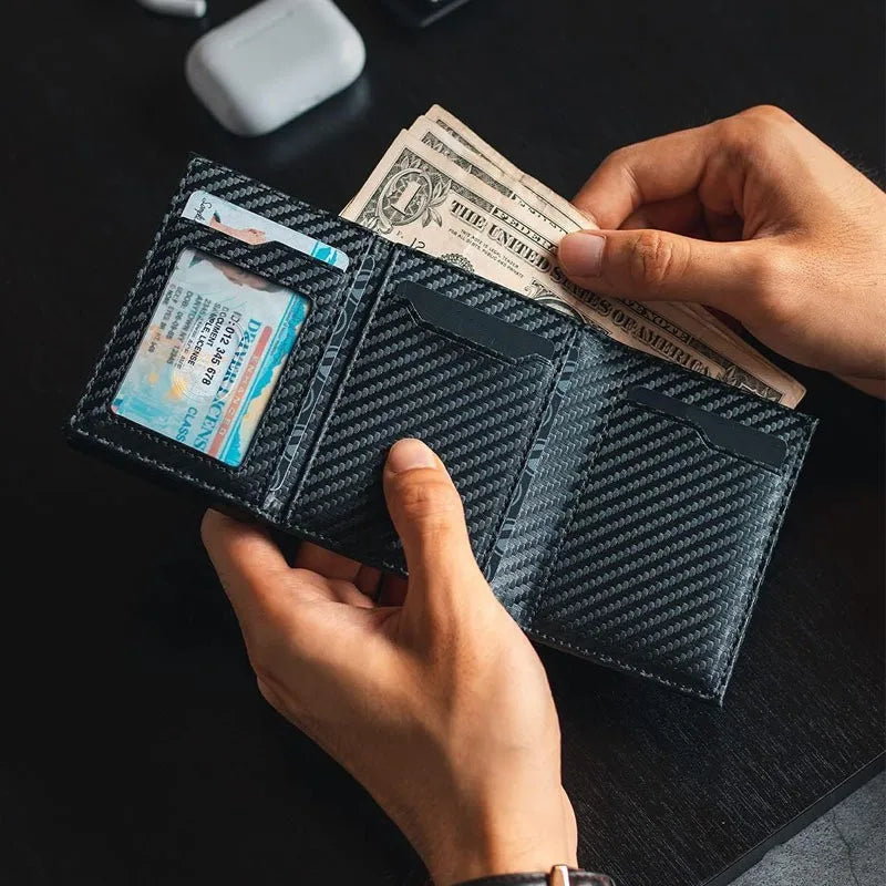 Men’s Carbon Fiber Wallet – RFID Blocking Aluminum Pop-Up Bifold with Coin Compartment – Slim Business Card Holder