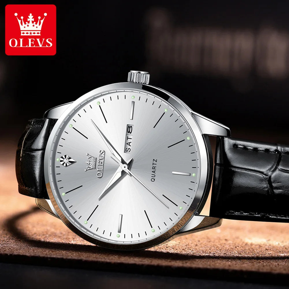 OLEVS Men’s Watch – Dual Calendar Luminous Quartz Waterproof Business Wristwatch