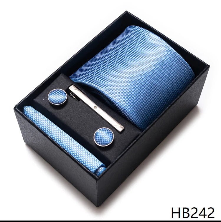 Hot Sale 8 cm Wide Tie Sets Blue Solid Men's Neck Tie Handkerchief Cufflinks Clip Box Wedding Gift Silk Handmade