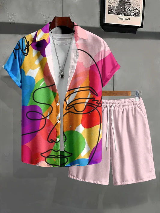 Vintage Urban Street Fashion Men's Shirt 2pcs Set Outdoor Party Men Beach Shorts Everyday Casual Man Short-sleeved Shirt