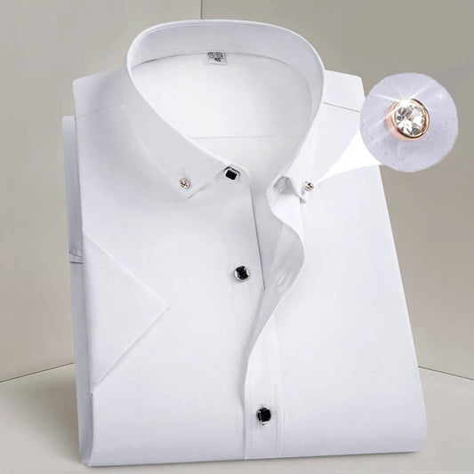 Hot Sale Men's Dress Shirt Formal Thin Business Classic Basic Diamond Button Social White Shirt Short Sleeve Men Clothing