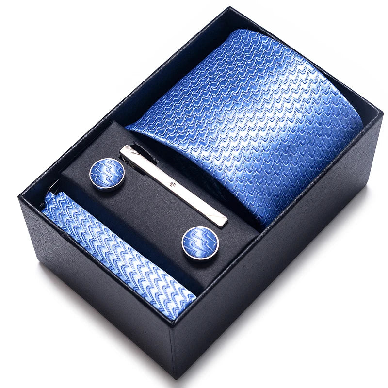 Hot Sale 8 cm Wide Tie Sets Blue Solid Men's Neck Tie Handkerchief Cufflinks Clip Box Wedding Gift Silk Handmade