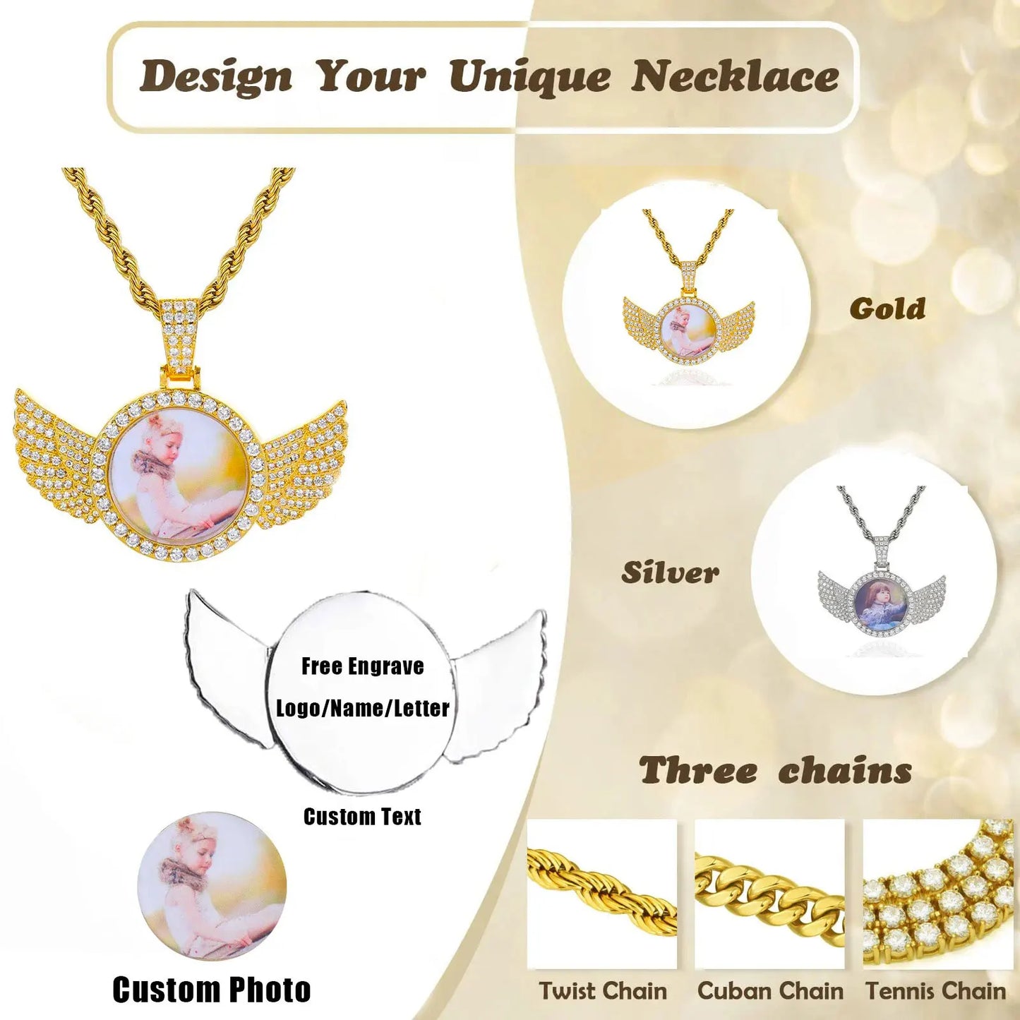 Custom Angel Wing Round Memory Photo Necklace Men Women Personalized Jewelry Customized Picture Pendant Charm with Tennis Chain