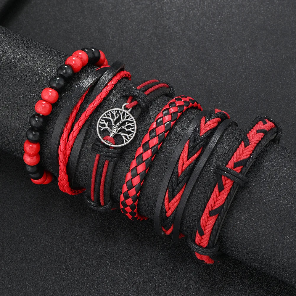 Punk Casual Bead6 Pc/set Tree Black Khaki Handmade Men Bracelets Male Women Leather Bracelets Men Bangle Wholesale Jewelry Gift