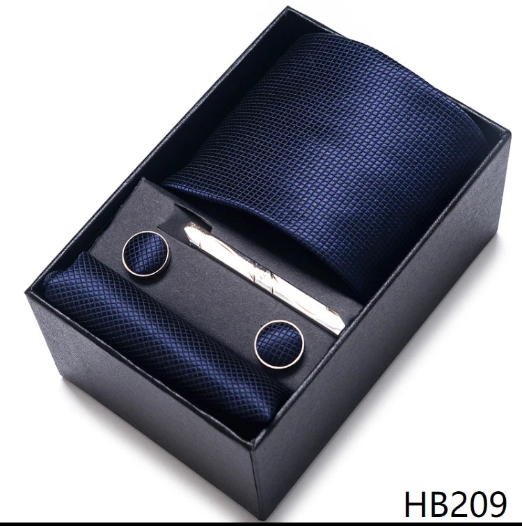 Hot Sale 8 cm Wide Tie Sets Blue Solid Men's Neck Tie Handkerchief Cufflinks Clip Box Wedding Gift Silk Handmade