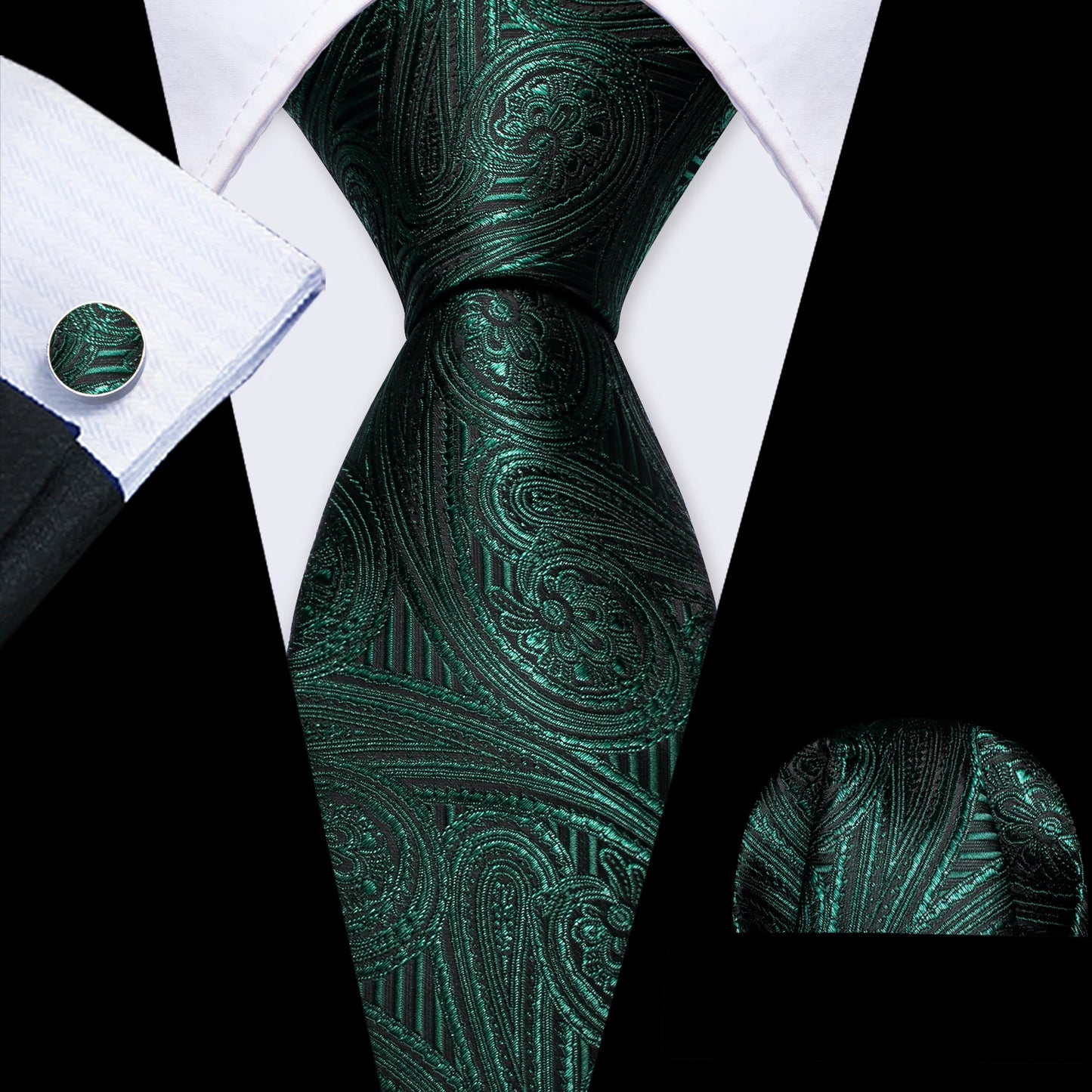 Fashion Silk Men Tie Green Teal Blue Solid Paisley Striped Plaid Floral Animal Necktie Handkerchief Cufflinks Set Barry. Wang