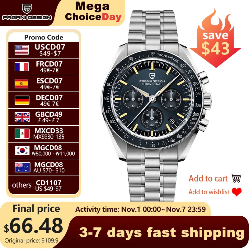 2025 جديد PAGANI DESIGN تكريمًا لساعة القمر CK2998 ساعات كوارتز فاخرة للرجال من الفولاذ المقاوم للصدأ كرونوغراف رياضي للرجال